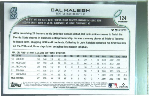 2022 Topps Opening Day Cal Raleigh RC #124 Mariners - Image 3