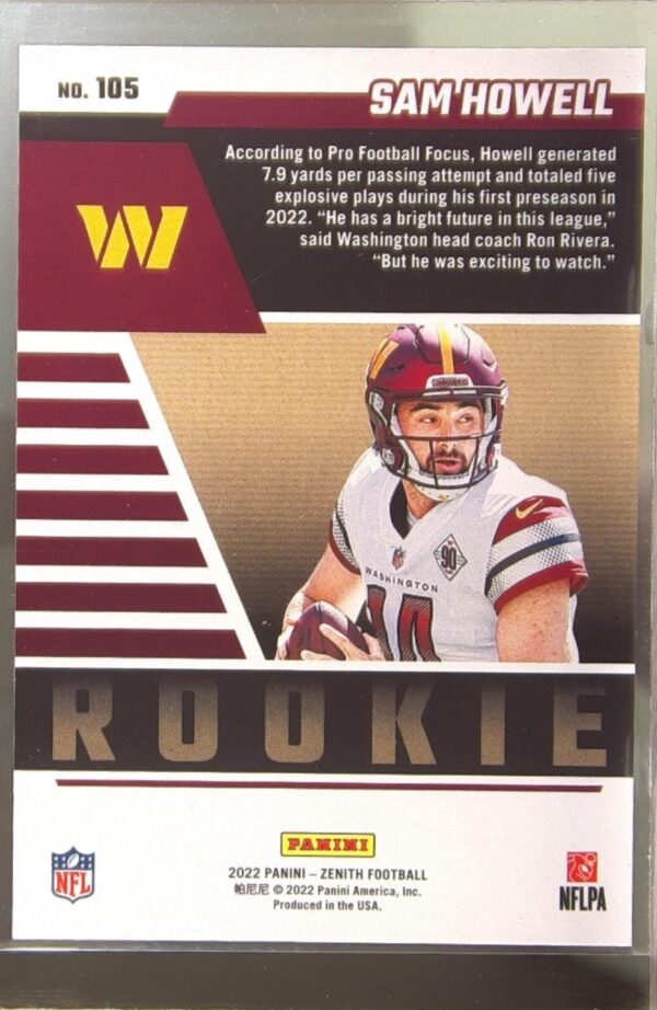 2022 Zenith Sam Howell Retail RC #105 Commanders - Image 3