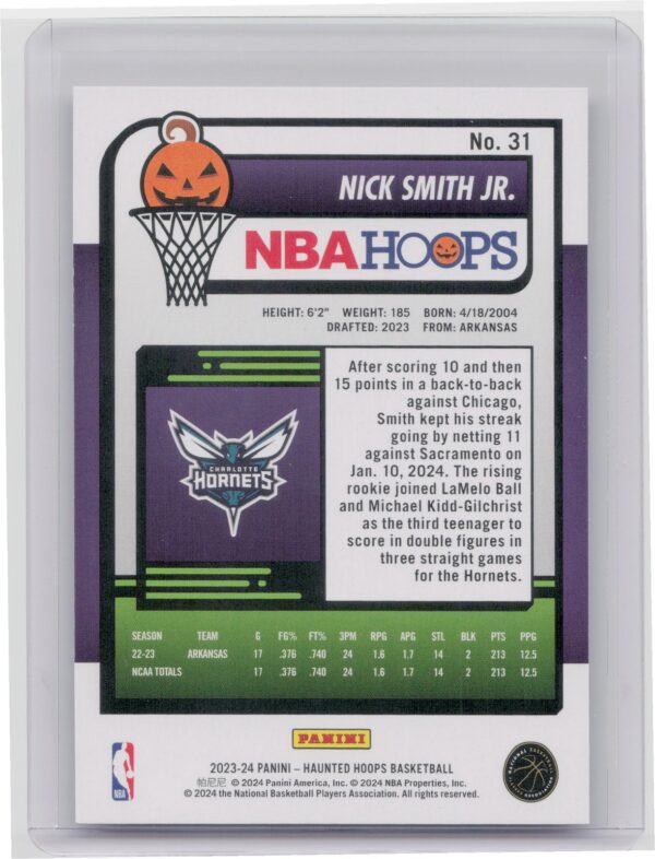 2023-24 Hoops Haunted Hoops Nick Smith Jr. RC 31 Hornets - Image 3