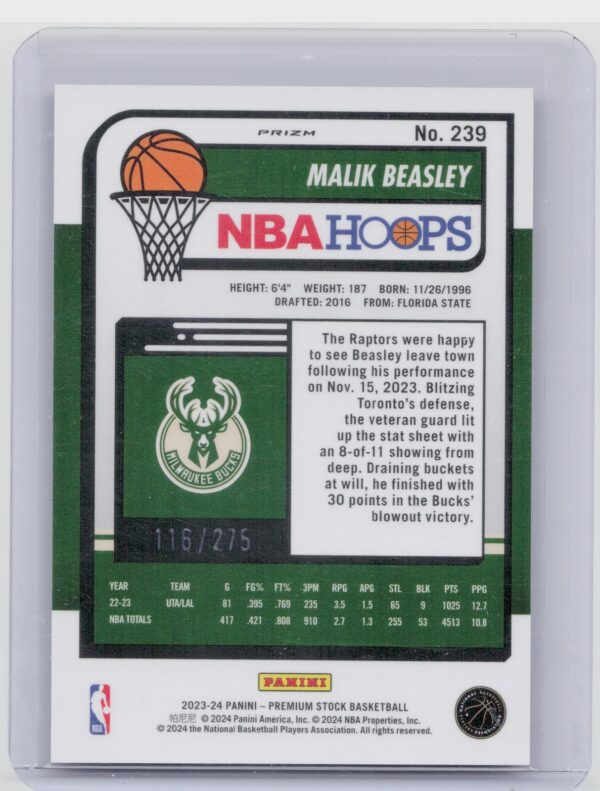 2023-24 Hoops Premium Stock Malik Beasley Red Prizm /275 239 Bucks - Image 3