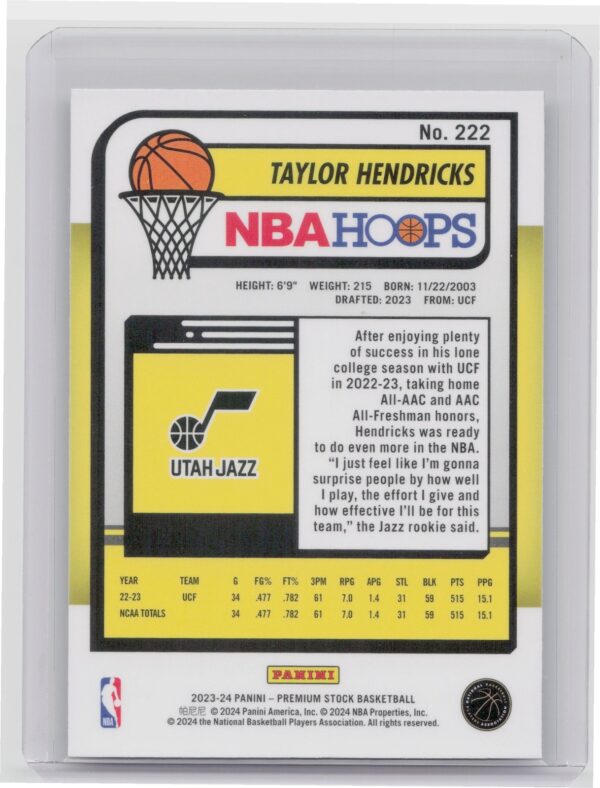 2023-24 Hoops Premium Stock Taylor Hendricks RC 222 Jazz - Image 3