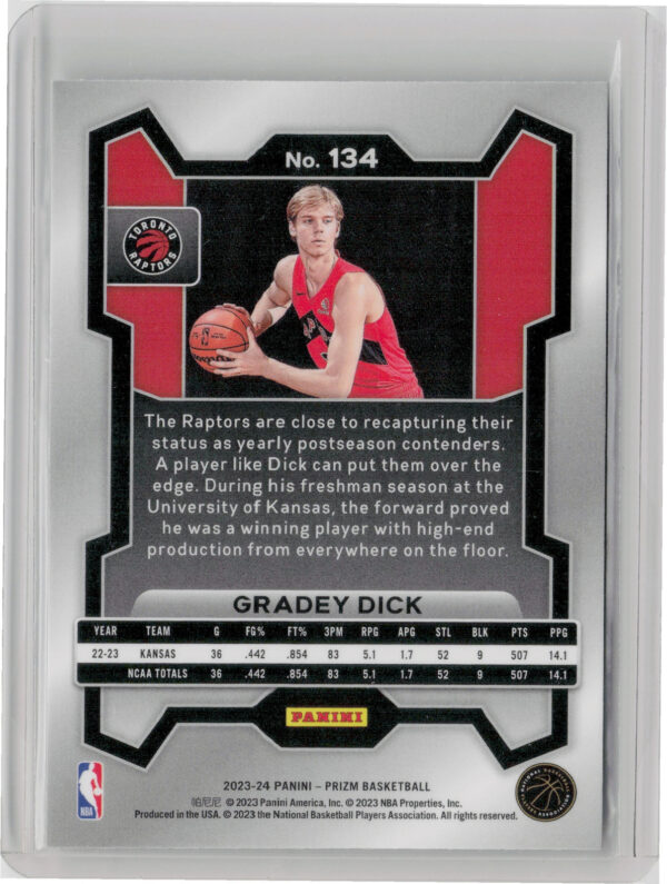 2023-24 Panini Prizm Gradey Dick RC #134 Raptors - Image 3