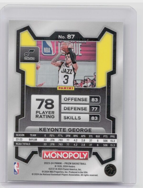 2023-24 Panini Prizm Monopoly Keyonte George RC #87 Jazz - Image 3