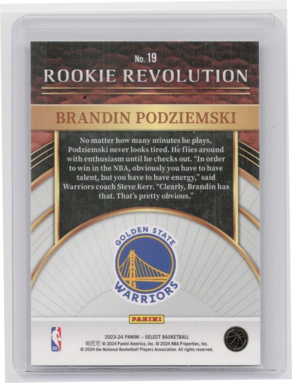 2023-24 Select Brandin Podziemski RC #19 Warriors Rookie Revolution - Image 3