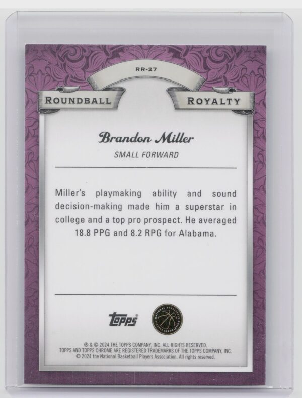 2023-24 Topps Chrome Brandon Miller RC RR-27 Hornets Roundball Royalty - Image 3