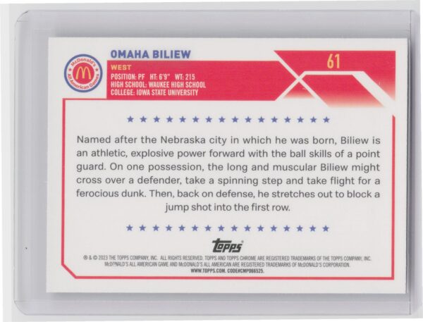 2023-24 Topps Chrome McDonald's All American Omaha Biliew #61 - Image 3