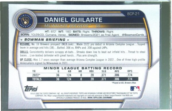 2023 Bowman Daniel Guilarte #BCP-21 Brewers Chrome Prospects Mojo Refractor - Image 3