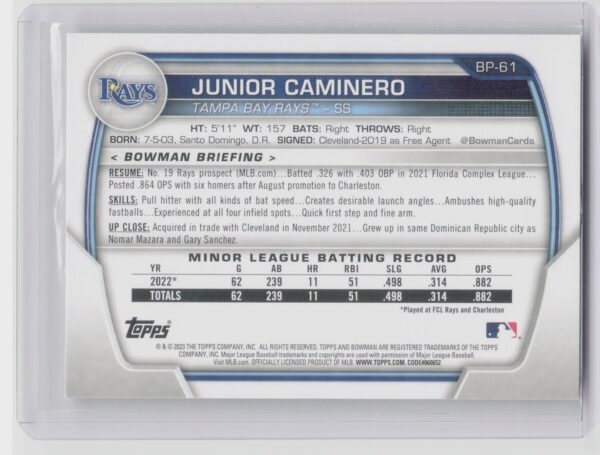 2023 Bowman Junior Caminero #BP-61 Rays Prospects - Image 3
