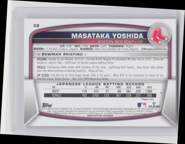 2023 Bowman Masataka Yoshida Rookie #58 Red Sox - Image 3
