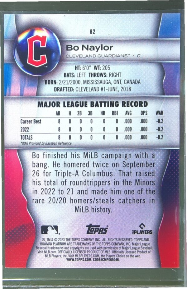 2023 Bowman Platinum Bo Naylor Pink Ice Foil /199 RC #82 Guardians - Image 3