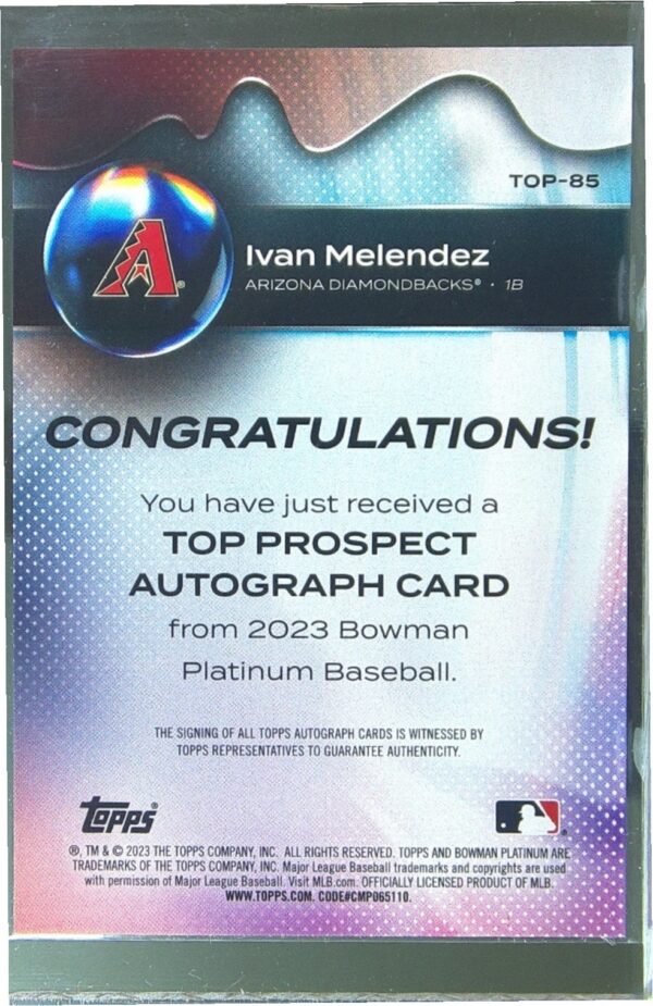 2023 Bowman Platinum Ivan Melendez Auto #TOP-85 Diamondbacks Top Prospects Auto - Image 3