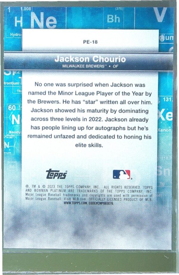 2023 Bowman Platinum Jackson Chourio #PE-18 Brewers Precious Elements - Image 3