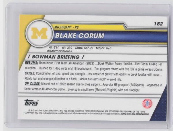 2023 Bowman University Chrome Blake Corum #182 Wolverines - Image 3