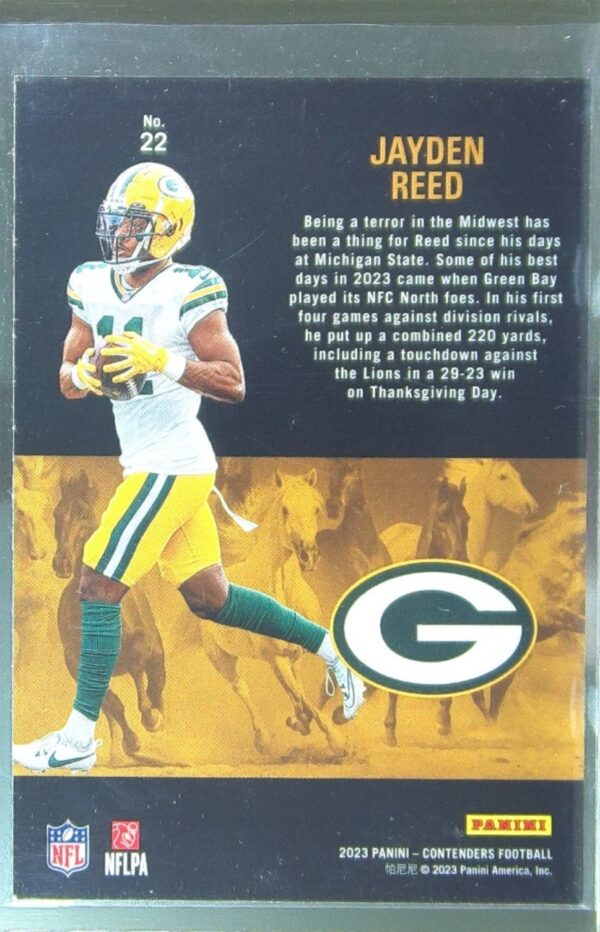 2023 Contenders Jayden Reed #22 Packers Rookie Stallions Red - Image 3