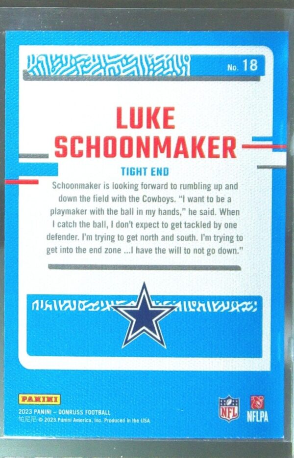 2023 Donruss Luke Schoonmaker RC #18 Cowboys Rated Rookie Portrait - Image 3