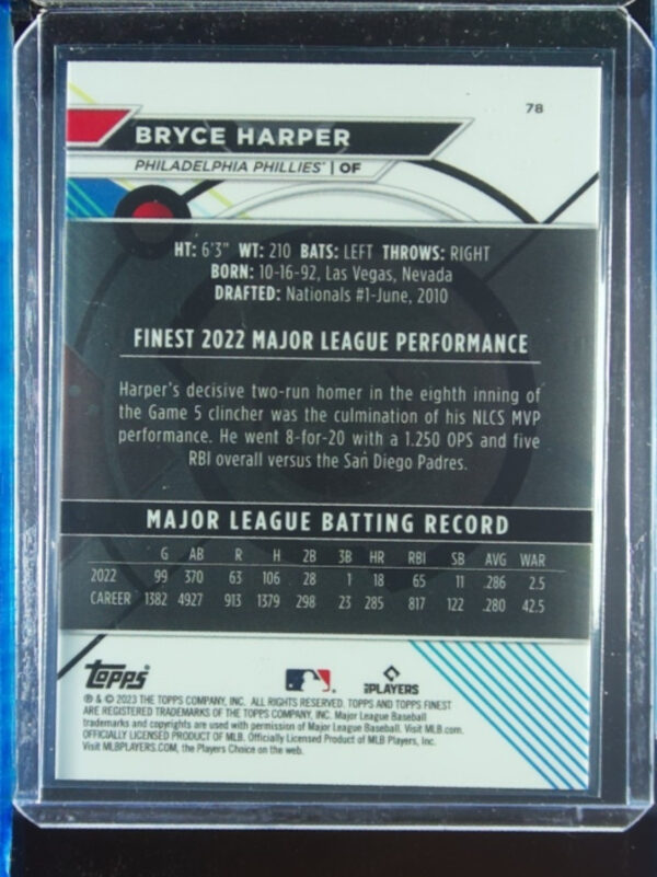 2023 Finest Bryce Harper Green Speckle Refractor SN125 #78 Phillies - Image 3