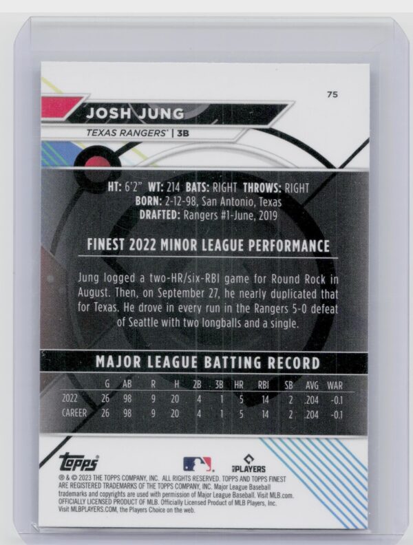 2023 Finest Josh Jung RC #75 Rangers - Image 3