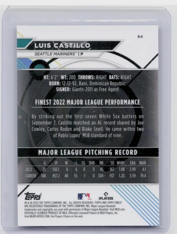 2023 Finest Luis Castillo Blue Refractor /150 #64 Mariners - Image 3