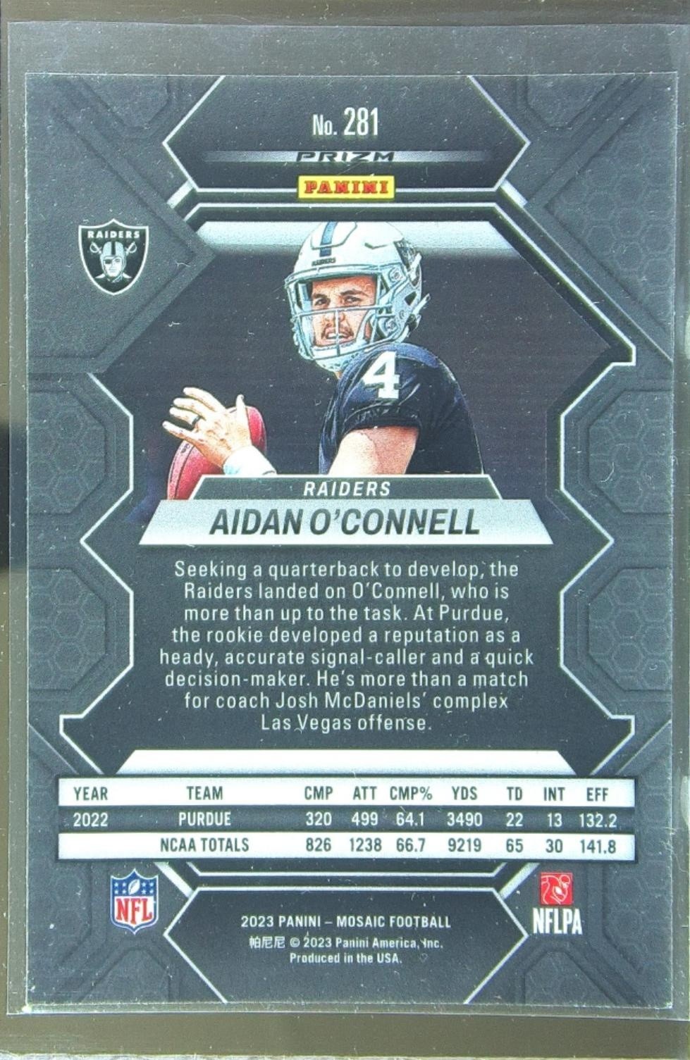 2023 Mosaic Aidan O'Connell Green Mosaic RC #281 Raiders - Image 3