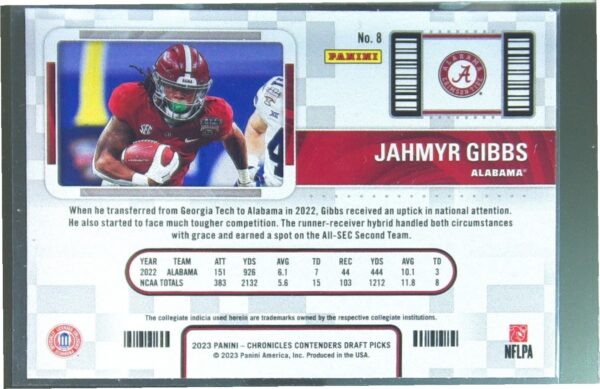 2023 Panini Chronicles Draft Picks Jahmyr Gibbs RC #8 Tide Contenders College - Image 3