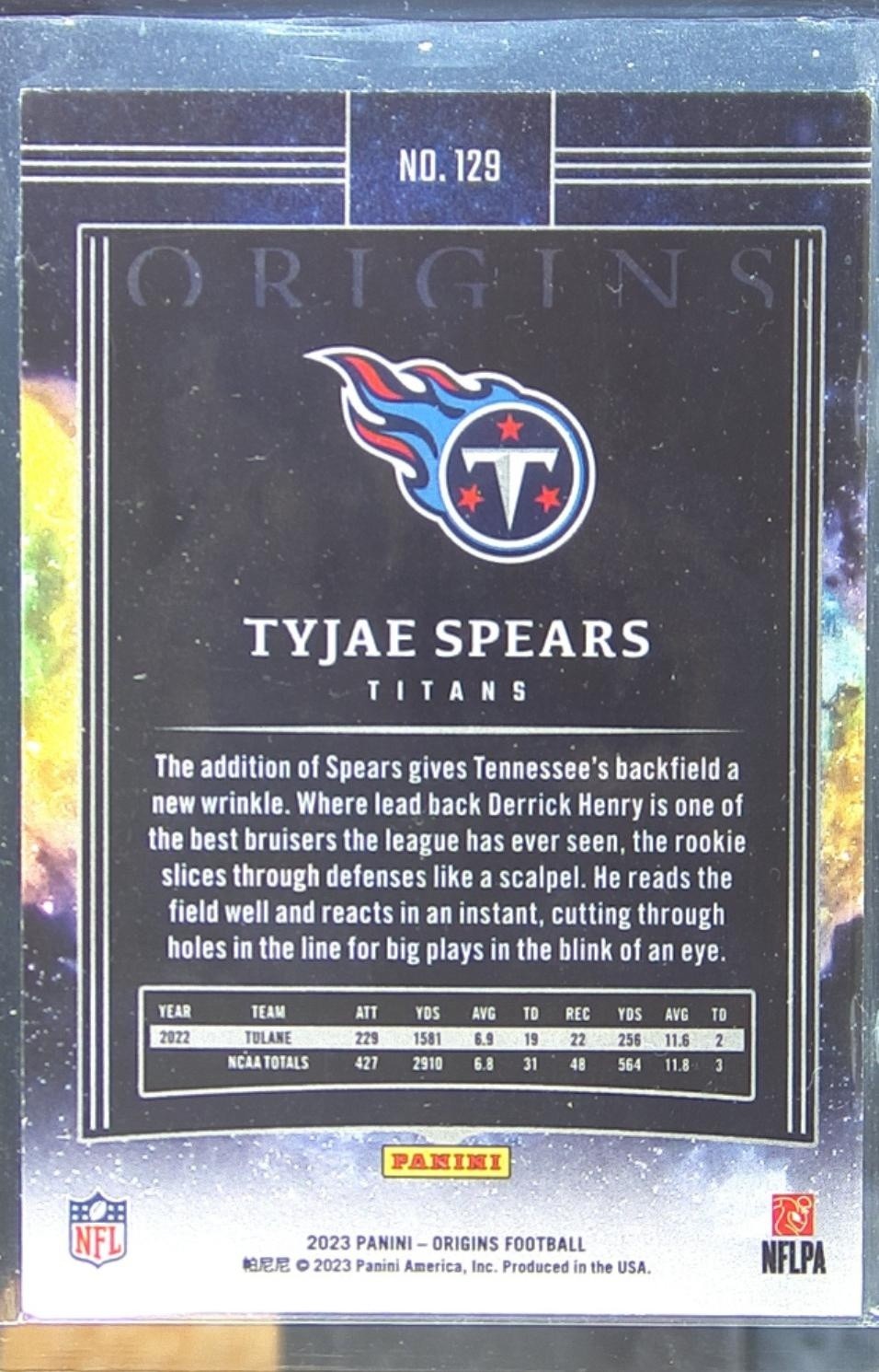 2023 Panini Origins Tyjae Spears RC #129 Titans - Image 3