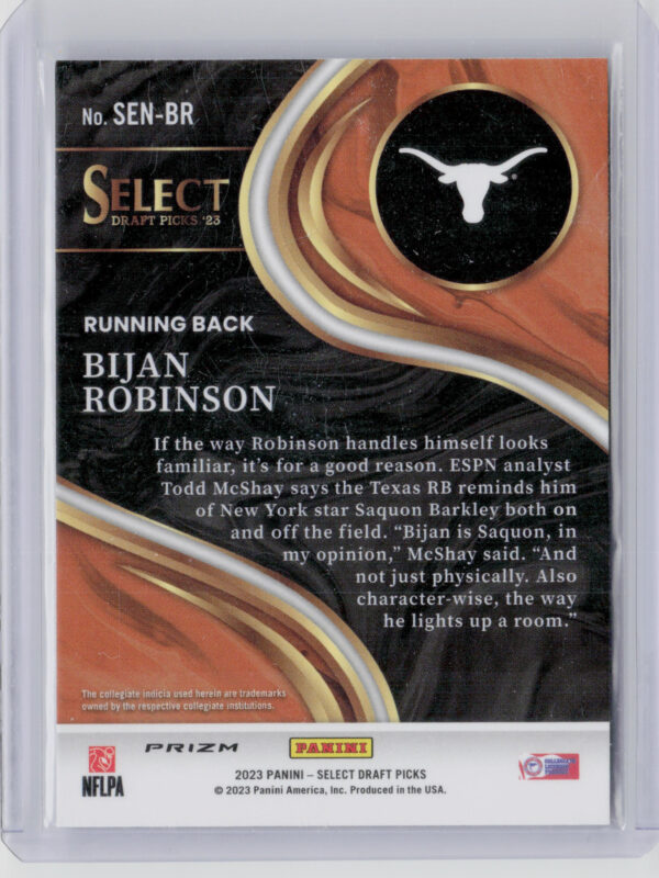 2023 Panini Select Draft Picks Bijan Robinson #SEN-BR Longhorns Sensations Silve - Image 3