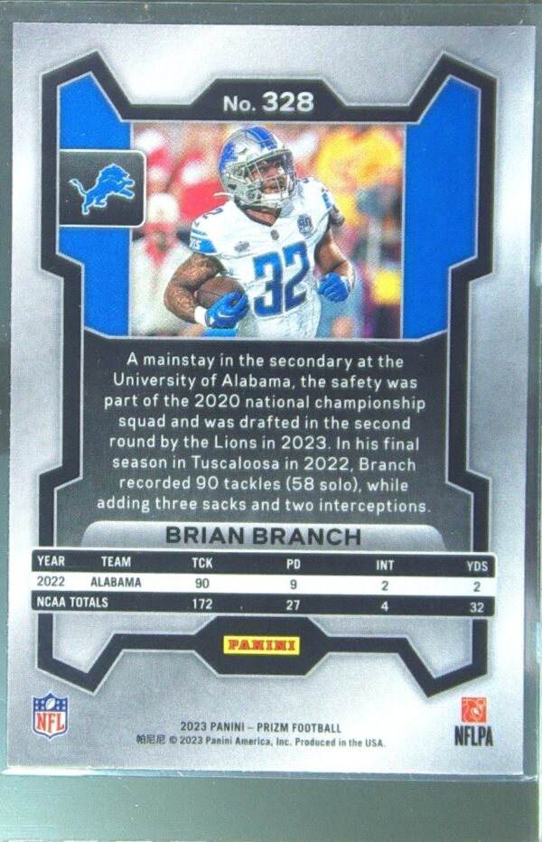 2023 Prizm Brian Branch RC #328 Lions - Image 3