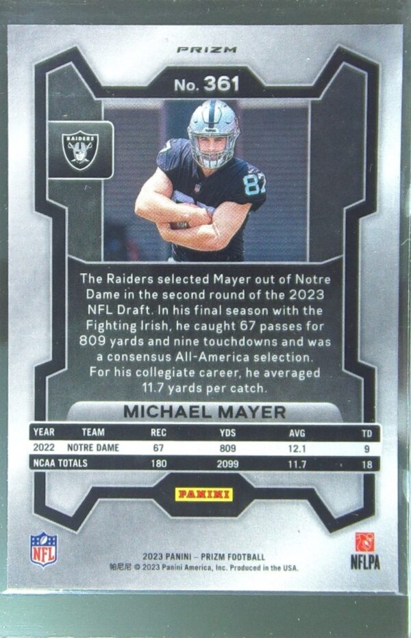2023 Prizm Michael Mayer Silver RC #361 Raiders - Image 3