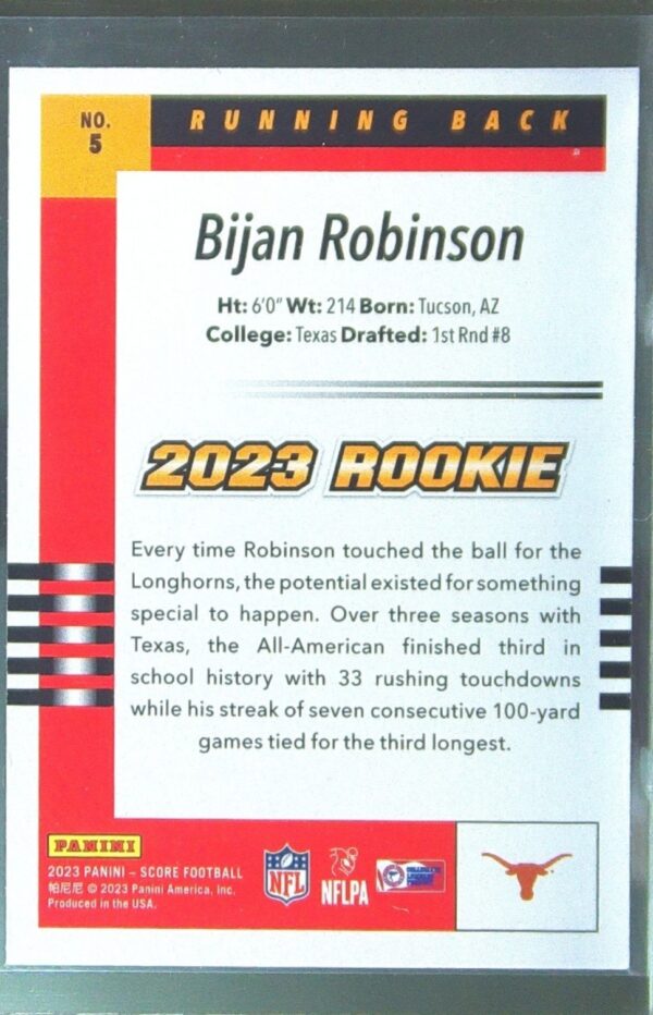 2023 Score Bijan Robinson RC #5 Longhorns 2003 Throwback Rookies - Image 3