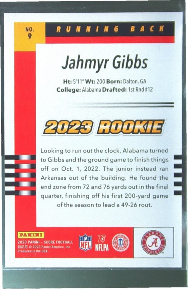 2023 Score Jahmyr Gibbs RC #9 Tide 2003 Throwback Rookies - Image 3