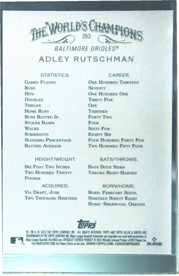 2023 Topps Allen & Ginter Adley Rutschman SP RC #353 Orioles - Image 3