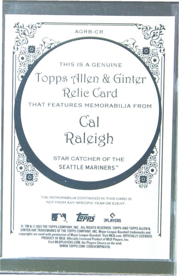 2023 Topps Allen & Ginter Cal Raleigh JSY #AGRB-CR Mariners Allen & Ginter Full - Image 3