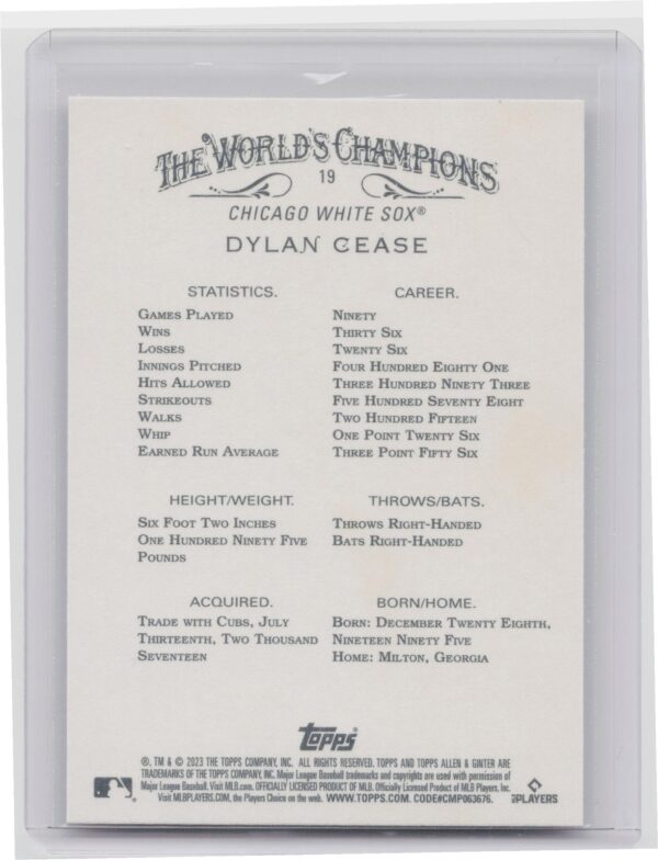 2023 Topps Allen & Ginter Dylan Cease #19 White Sox - Image 3