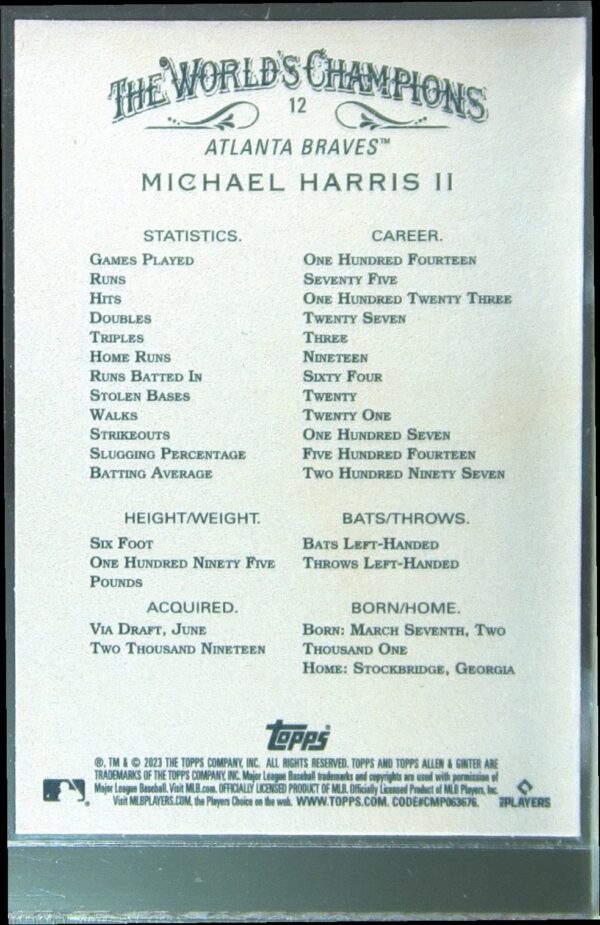 2023 Topps Allen & Ginter Michael Harris II RC #12 Braves - Image 3