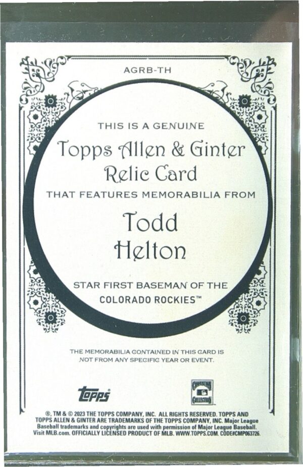 2023 Topps Allen & Ginter Todd Helton JSY #AGRB-TH Rockies Allen & Ginter Full - Image 3