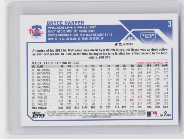 2023 Topps Chrome Bryce Harper #3 Phillies - Image 3