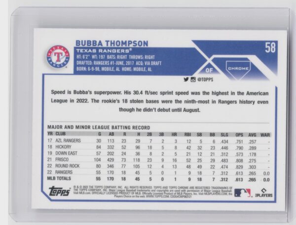 2023 Topps Chrome Bubba Thompson RC #58 Rangers - Image 3