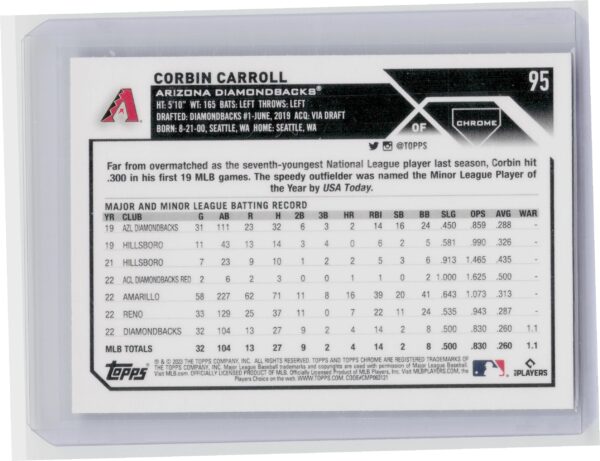 2023 Topps Chrome Corbin Carroll RC #95 Diamondbacks - Image 3