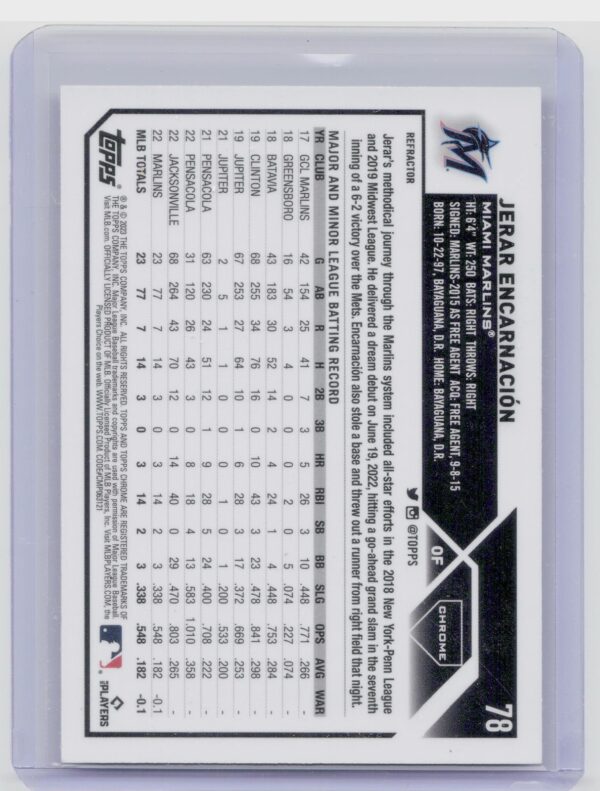 2023 Topps Chrome Jerar Encarnacion Refractor #78 Marlins - Image 3
