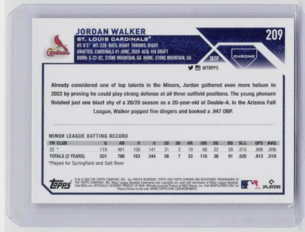 2023 Topps Chrome Jordan Walker RC #209 Cardinals - Image 3