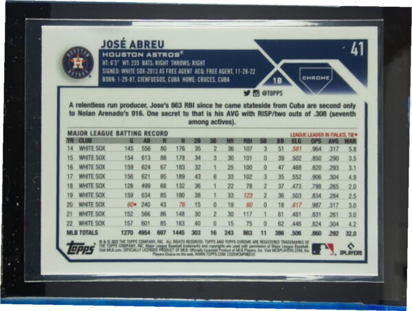 2023 Topps Chrome Jose Abreu Purple Speckle Refractor SN299 #41 Astros - Image 3