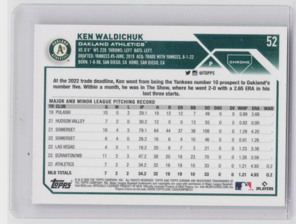 2023 Topps Chrome Ken Waldichuk Prism Refractor RC #52 Athletics - Image 3