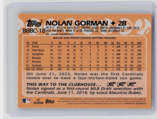 2023 Topps Chrome Nolan Gorman #88BC-18 Cardinals 1988 Topps Baseball - Image 3