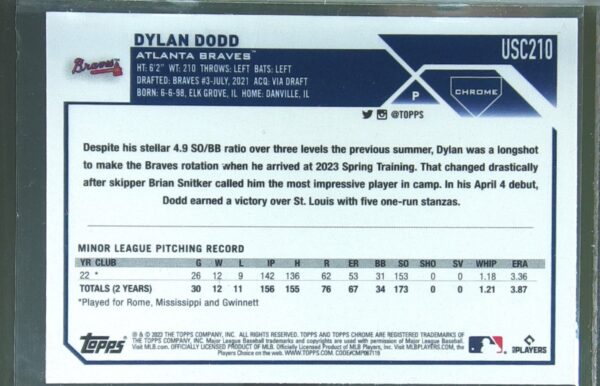 2023 Topps Chrome Update Dylan Dodd RC #USC210 Braves - Image 3