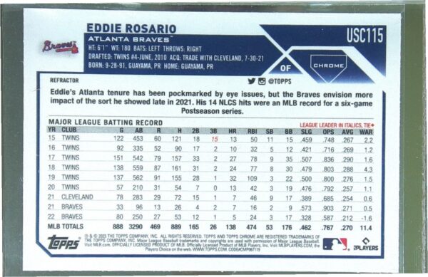 2023 Topps Chrome Update Eddie Rosario #USC115 Braves - Image 3