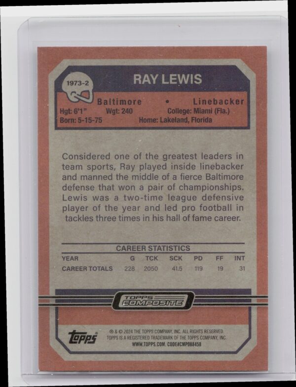 2023 Topps Composite Ray Lewis #1973-2 Ravens 1973 Topps Football - Image 3