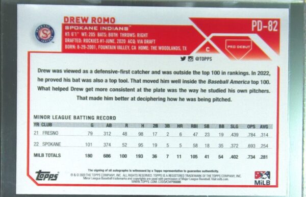 2023 Topps Pro Debut Drew Romo Auto #PD-82 Indians Autographs - Image 3