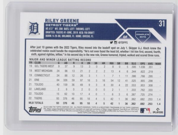 2023 Topps Riley Greene Rookie #31 Tigers Factory Set Bonus: Rookie Variations - Image 3
