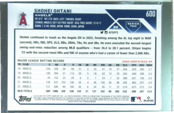 2023 Topps Shohei Ohtani #600 Angels - Image 3
