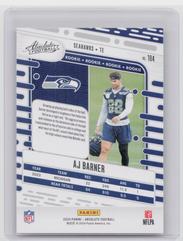 2024 Absolute AJ Barner Red and Blue RC 184 Seahawks - Image 3
